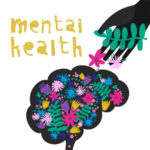 Vector illustration of mental health concept with brain, flowers, helping hand